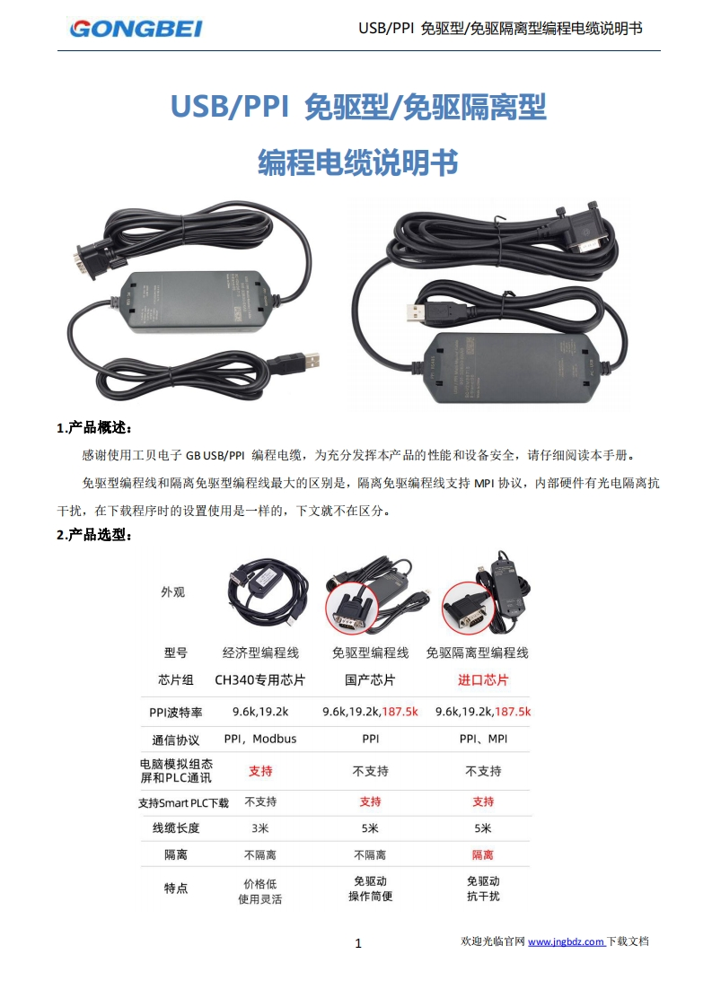 【工贝电子】200免驱型、隔离型编程电缆说明书