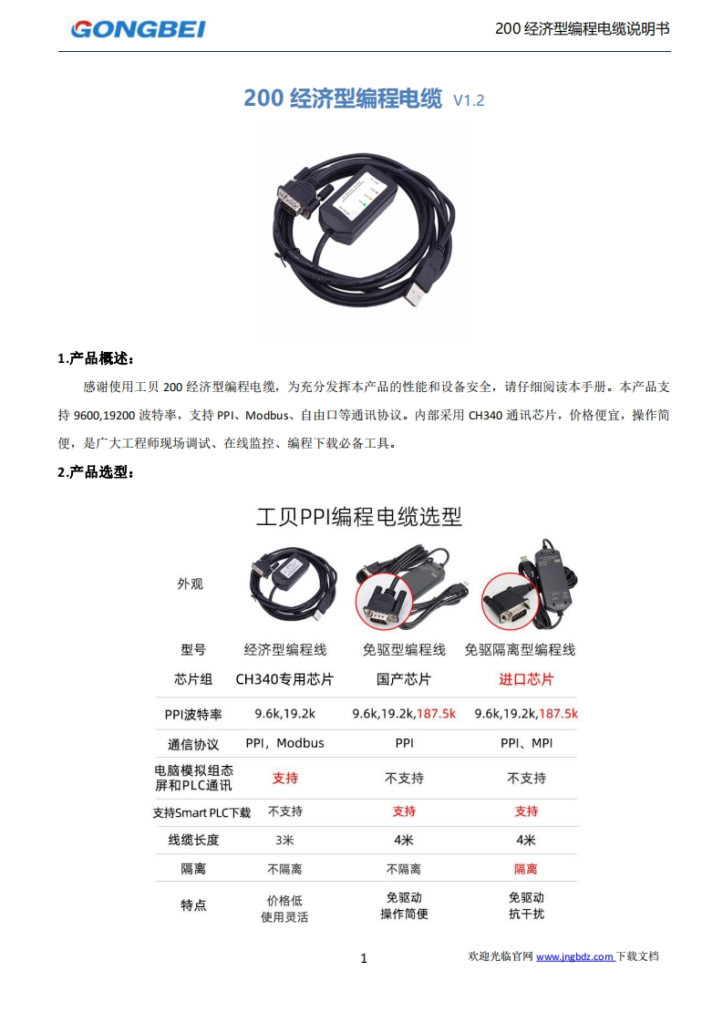【工贝电子】200经济型编程电缆说明书