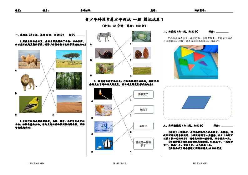 一级青少年科技素养水平测试模拟题1----答案