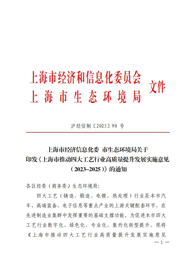 上海市推动四大工艺行业高质量提升发展实施意见（2023-2025）