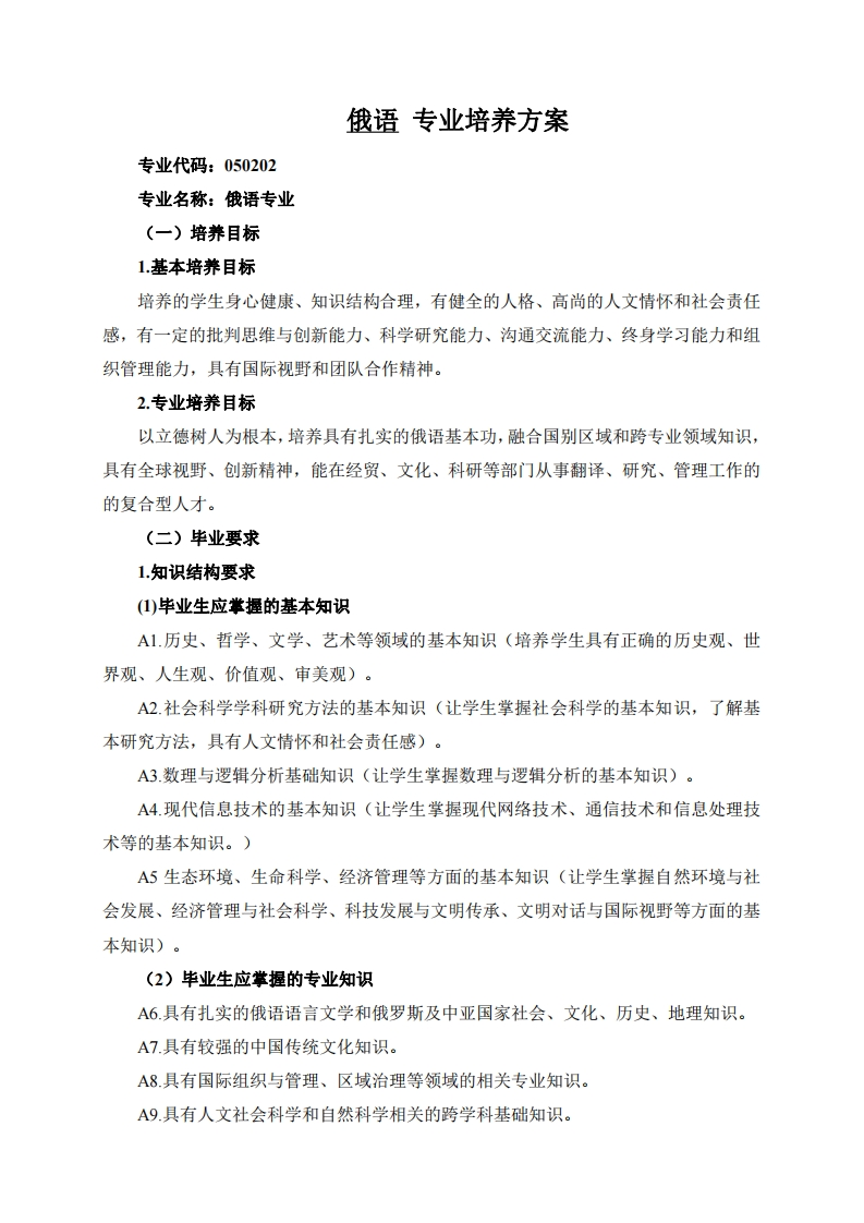 专业代码050202俄文专业培育方案Ⅲ