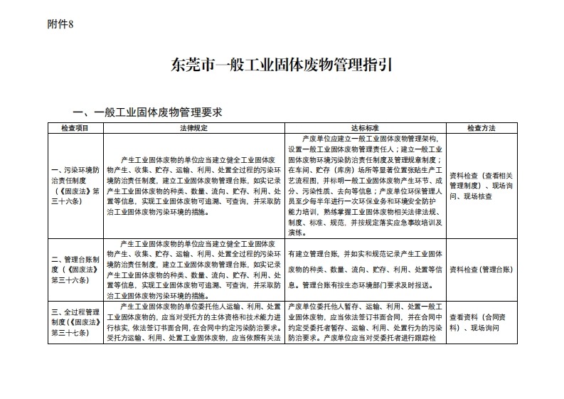 东莞市一般工业固体废物管理指引现行国家强制性标准规范