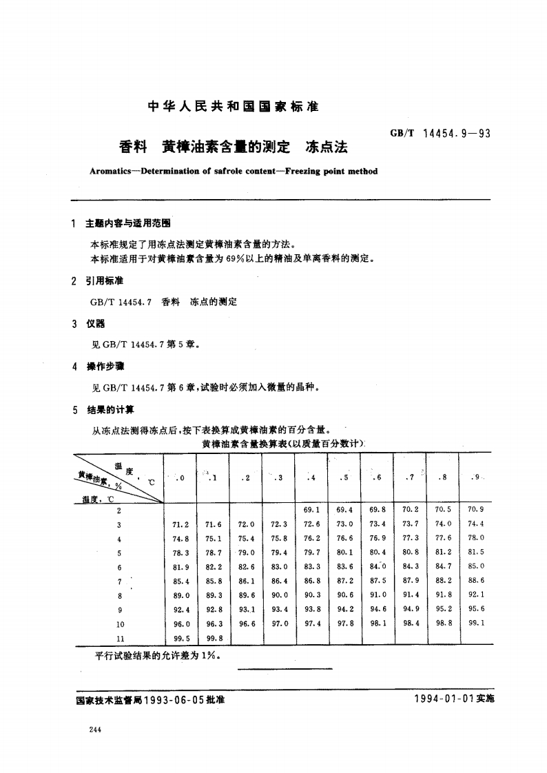 中华人民共和国强制性标准规范GB_T14454.9-1993香料黄樟油素含量的标准测定冻点法（新版现行）