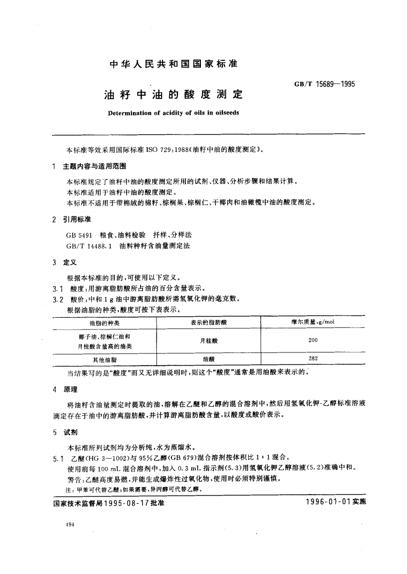 中华人民共和国强制性标准规范GB_T15689-2008植物油料油的酸度标准测定（新版现行）