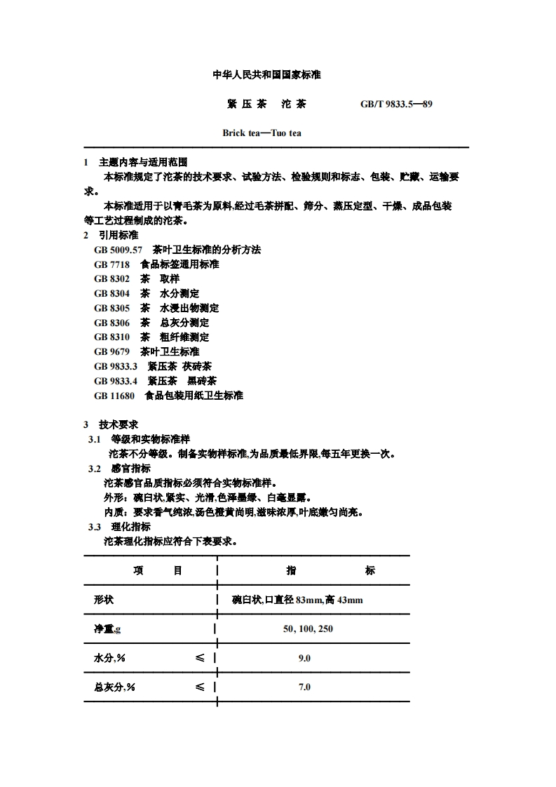 中华人民共和国强制性标准规范GB_T9833.5-1989紧压茶沱茶（新版现行）