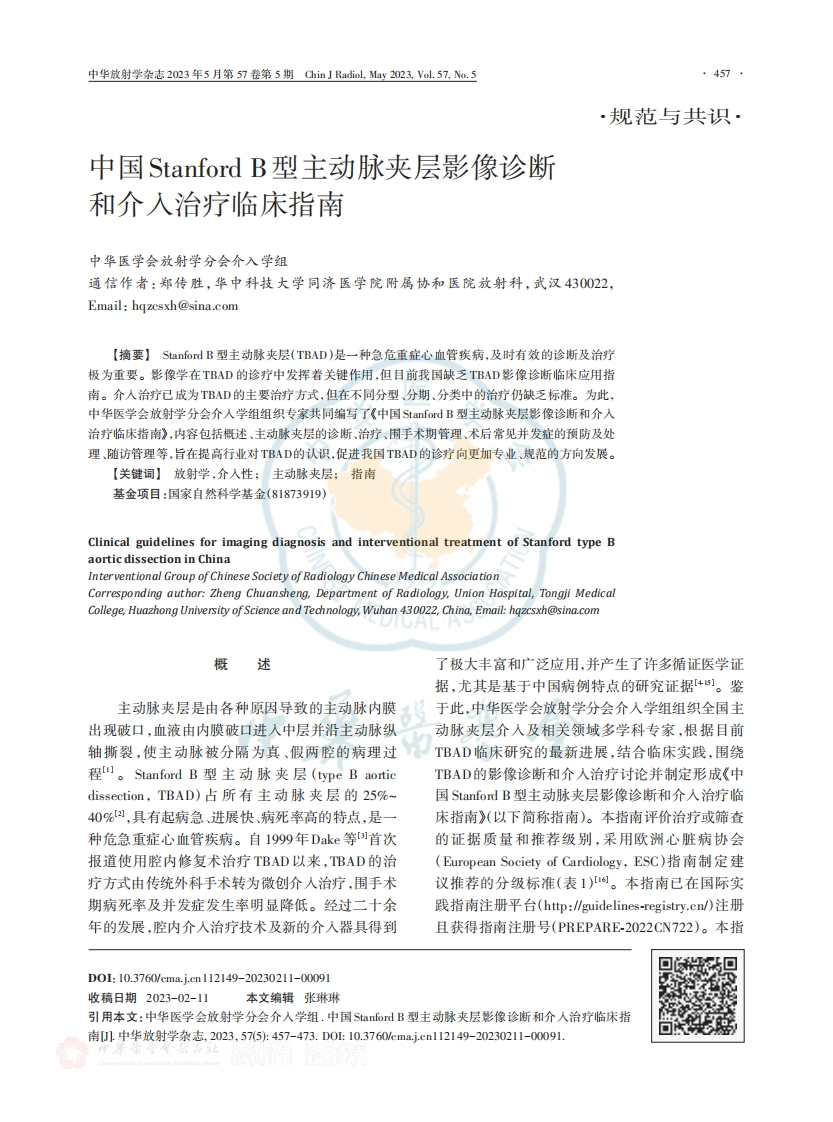 中国Stanford-B型主动脉夹层影像诊断和介入治疗临床指南