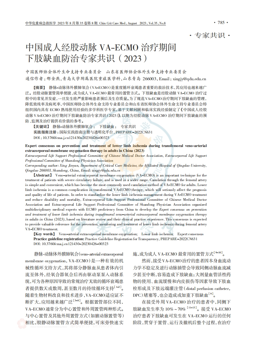 中国成人经股动脉VA-ECMO治疗期间下肢缺血防治专家共识（2023）