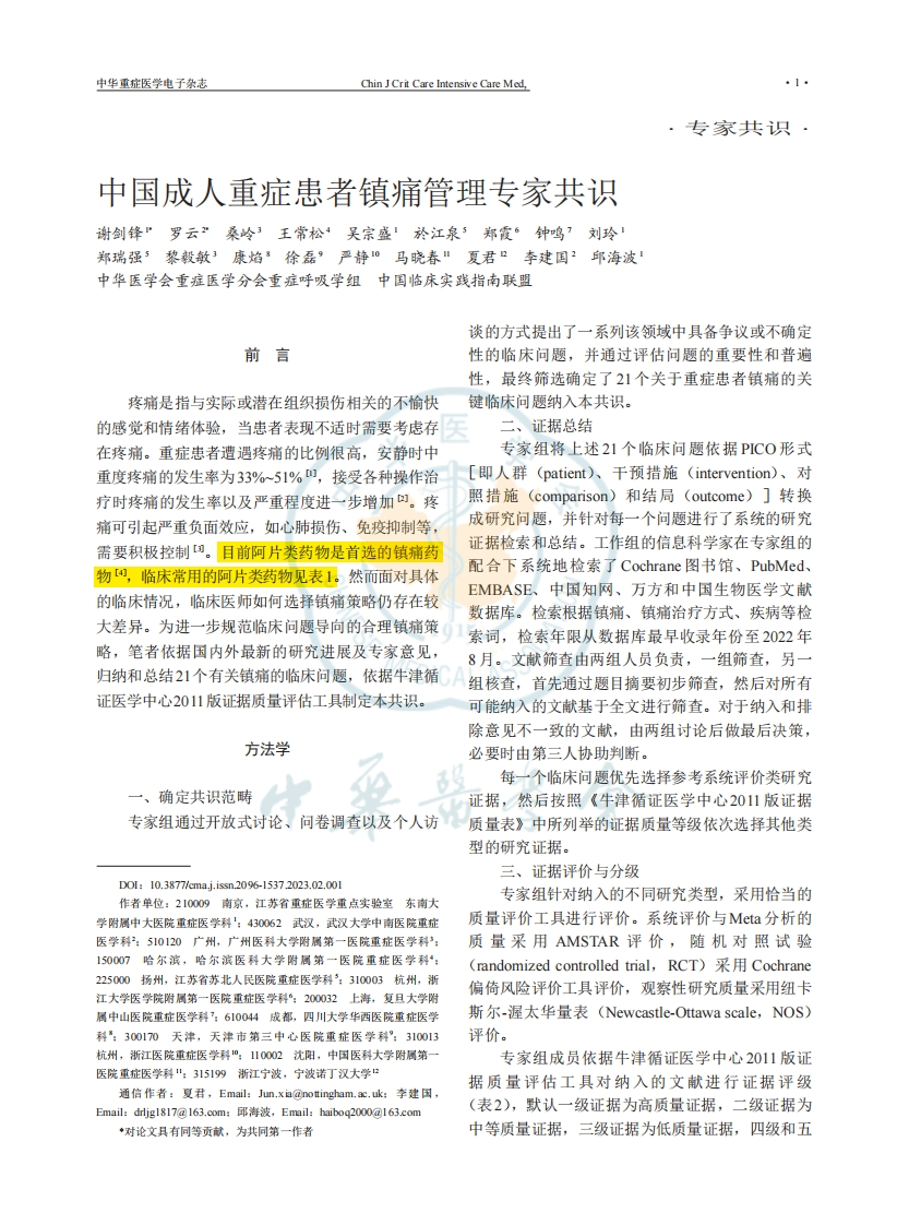 中国成人重症患者镇痛管理专家共识