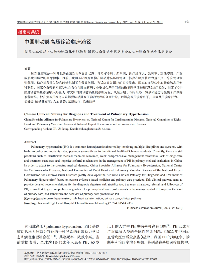 中国肺动脉高压诊治临床路径