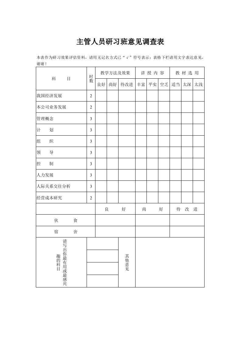 主管人员研习班意见调查表