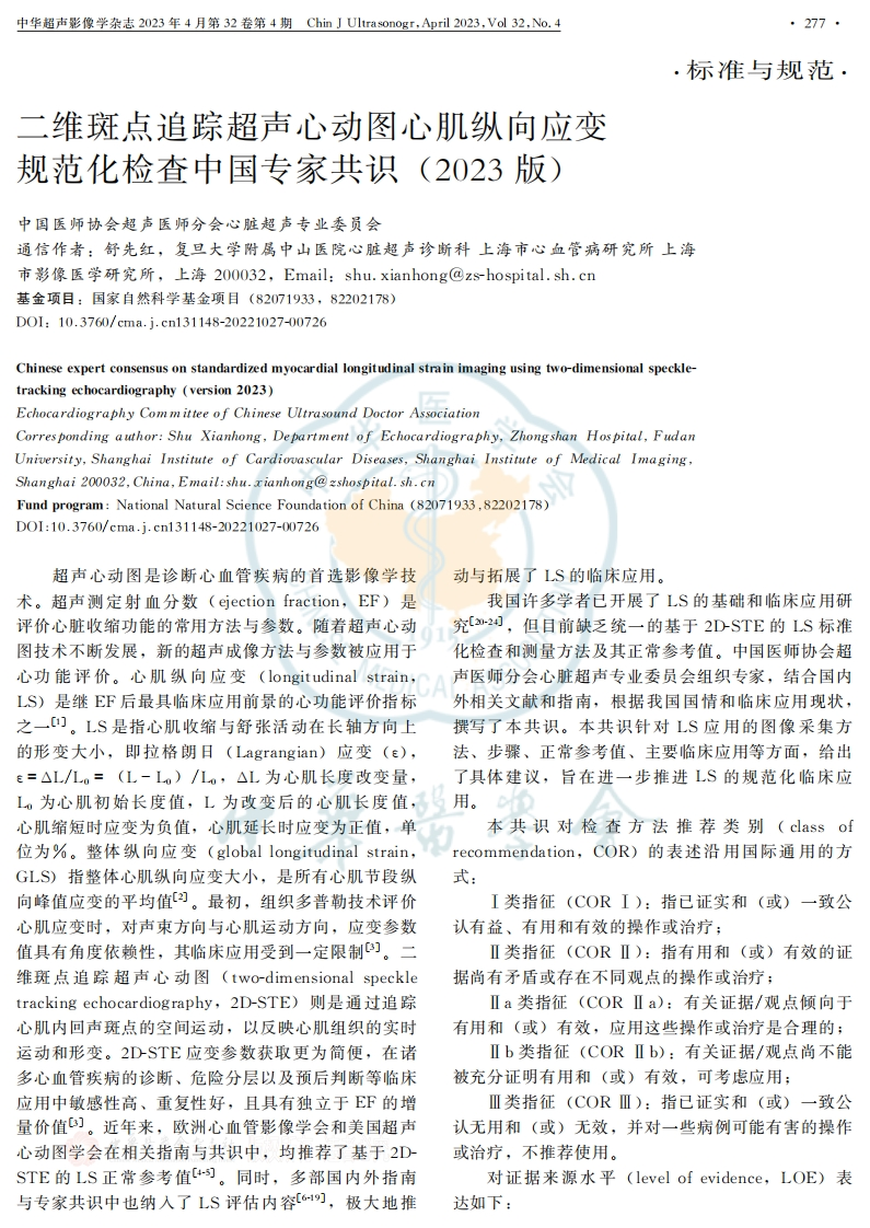 二维斑点追踪超声心动图心肌纵向应变规范化检查中国专家共识(2023版)