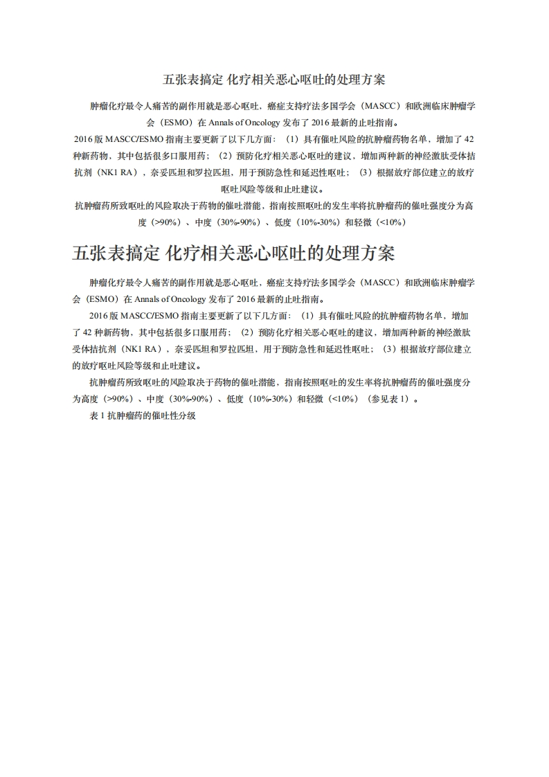 五张表搞定-化疗相关恶心呕吐的处理方案