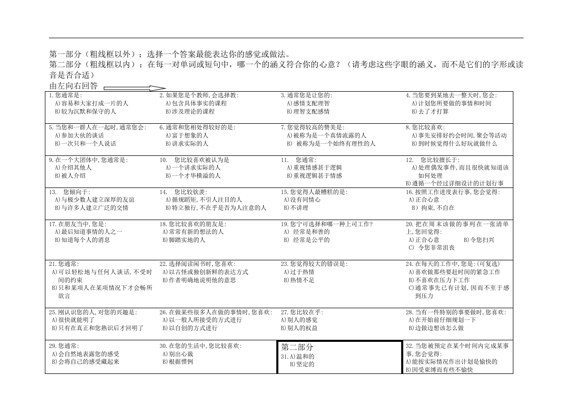 人力资源模版库-麦尔碧瑞斯性格测试性格测试题目