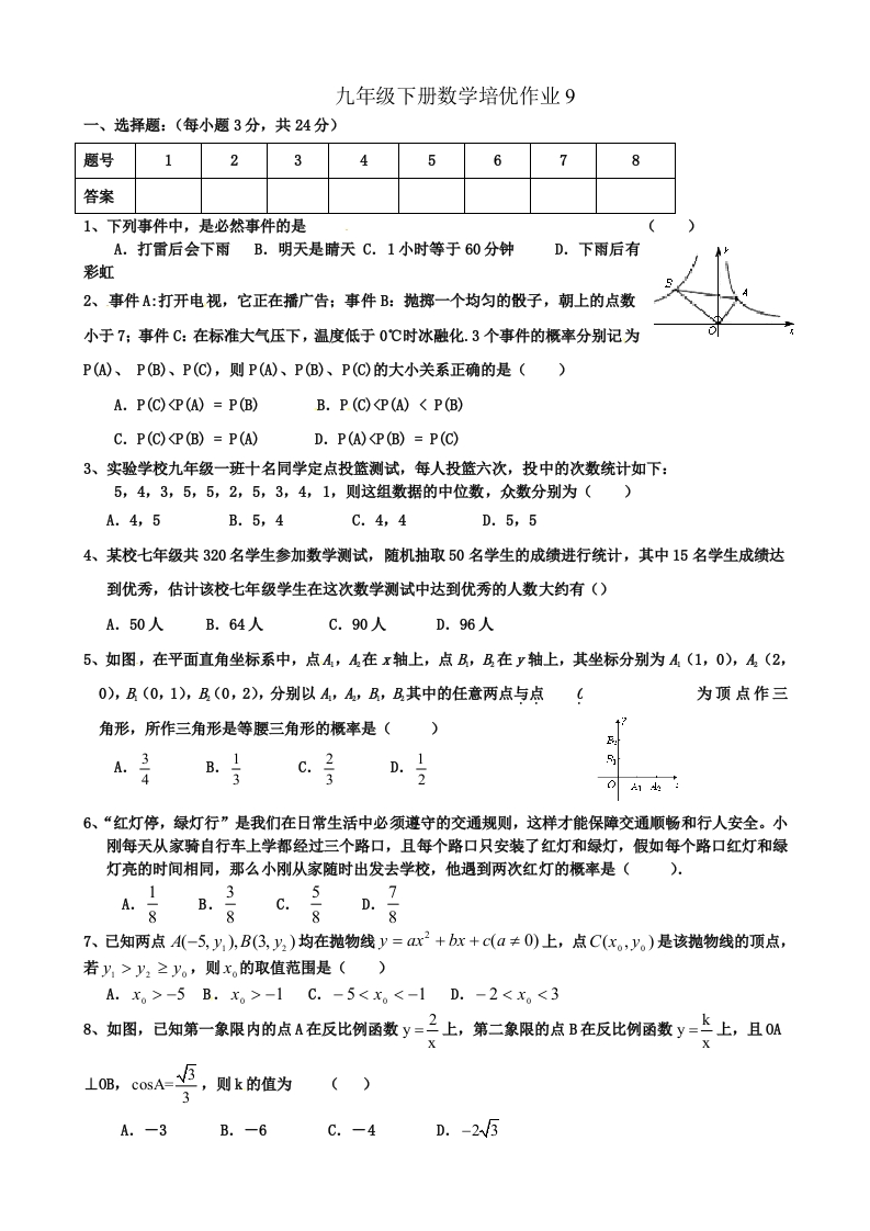 人教版初三数学下册培优作业9