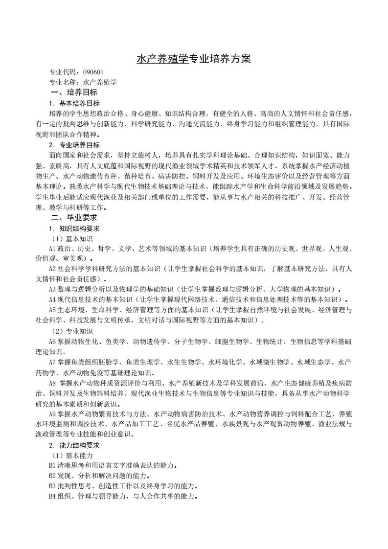 代码090601水产生物养殖专业教学培育规划