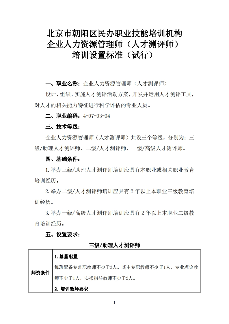 企业人力资源管理师（人才测评师）培训设置要求