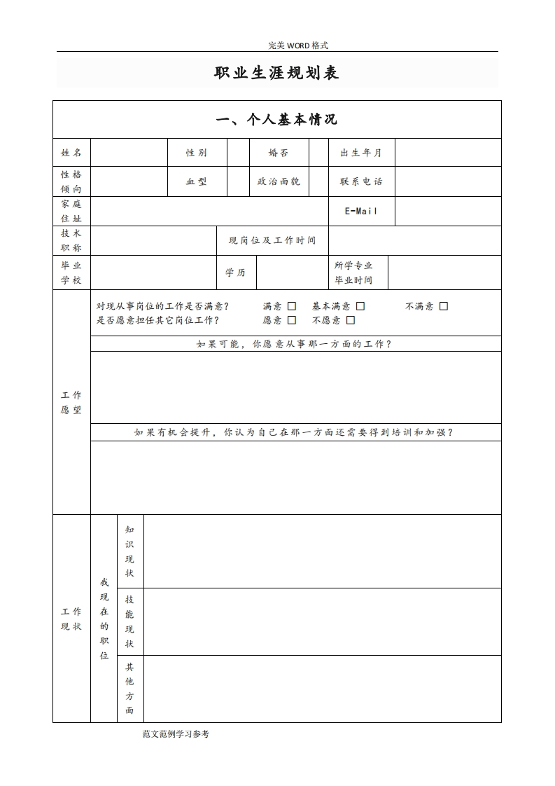 企业员工职业生涯规划表模板