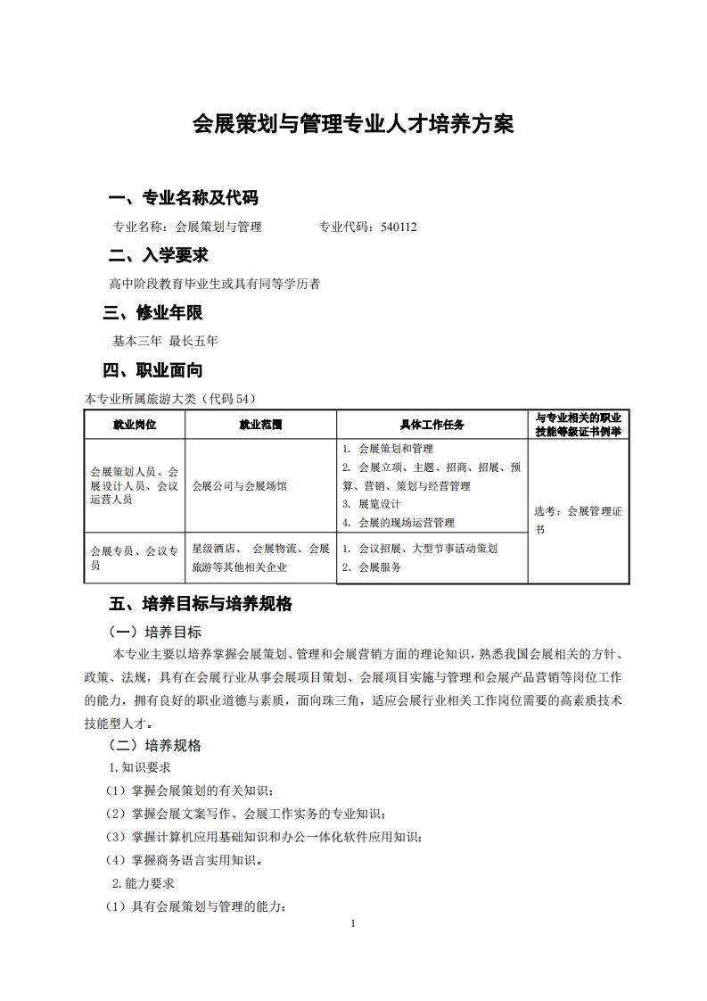 会展策划与管理专业人才培养方案