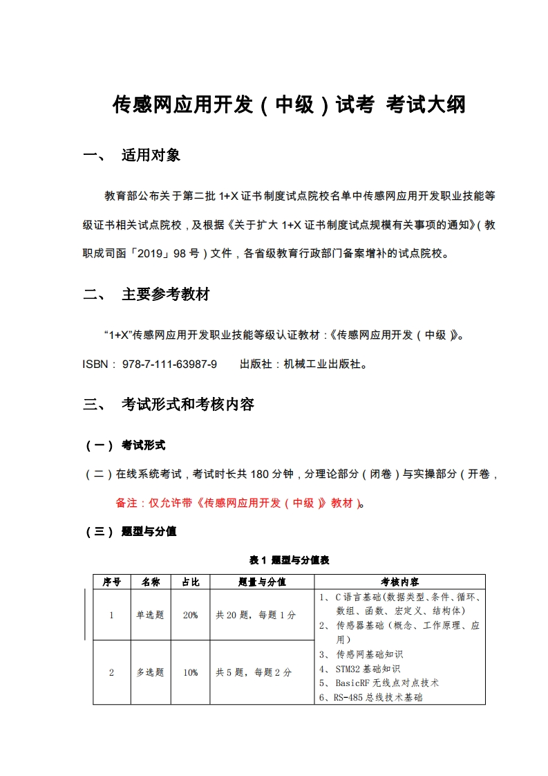 传感网应用开发（中级）试考-考试大纲