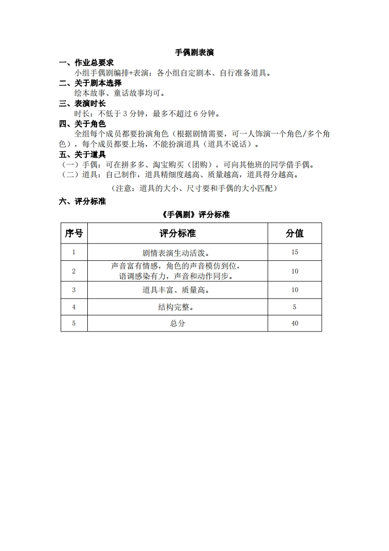 作业：手偶剧表演（要求及评分标准）