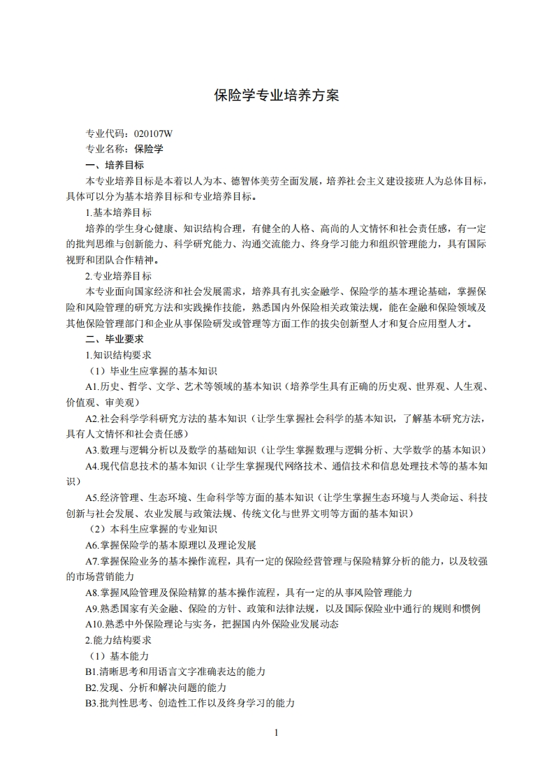 保险学专业培养方案