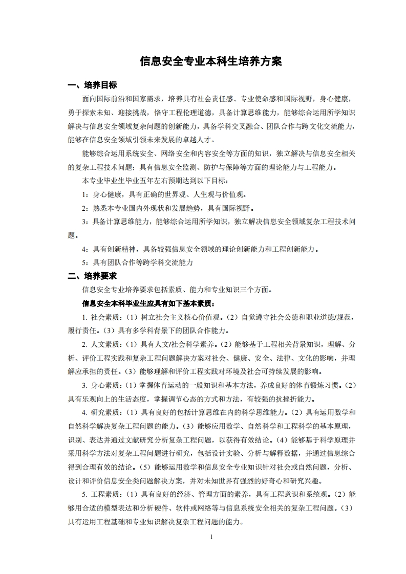 信息安全专业木科生培养方案