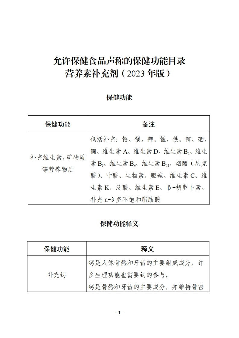 允许保健食品声称的保健功能目录-营养补充剂（2023年版）