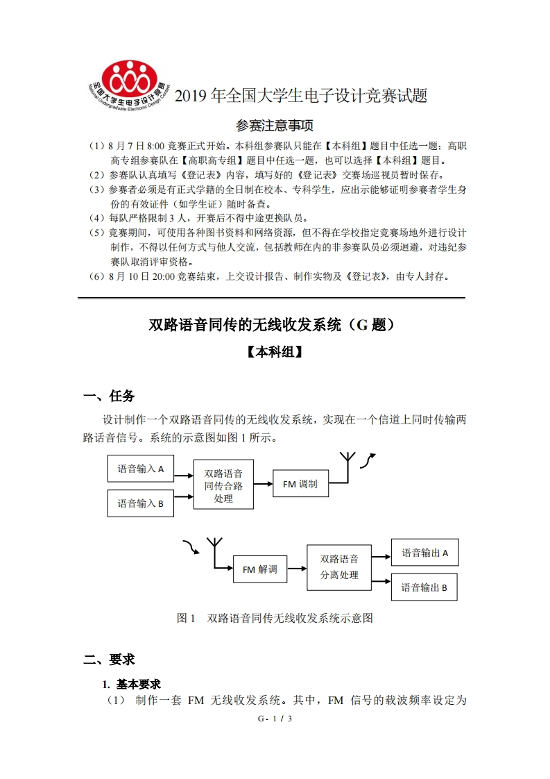 全国大学生电子设计比赛试题_双路语音同传的无线收发系统