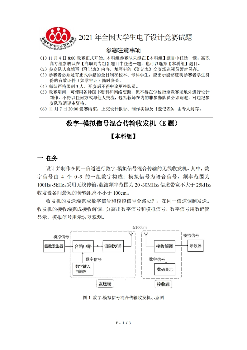全国大学生电子设计比赛试题_数字-模拟信号混合传输收发机