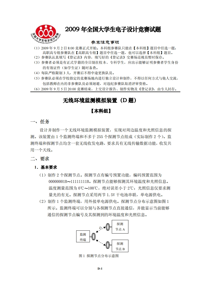 全国大学生电子设计比赛试题_无线环境监测模拟装置