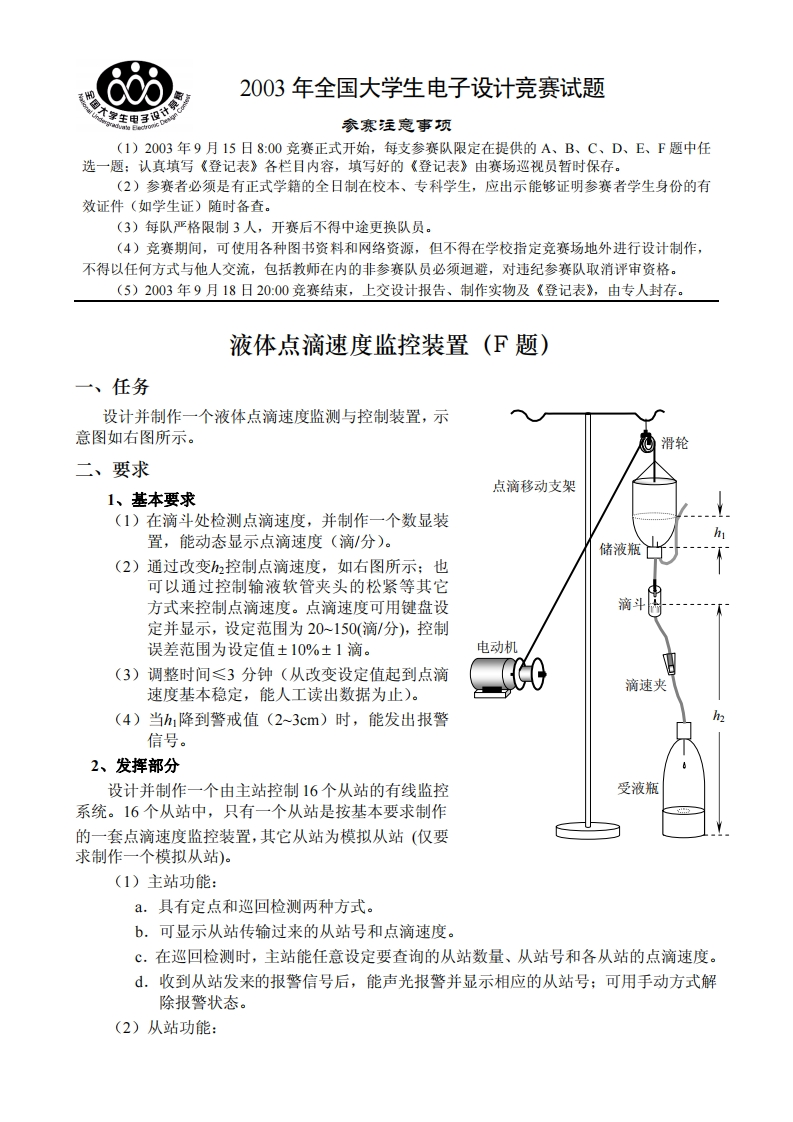 全国大学生电子设计比赛试题_液体点滴速度监控装置