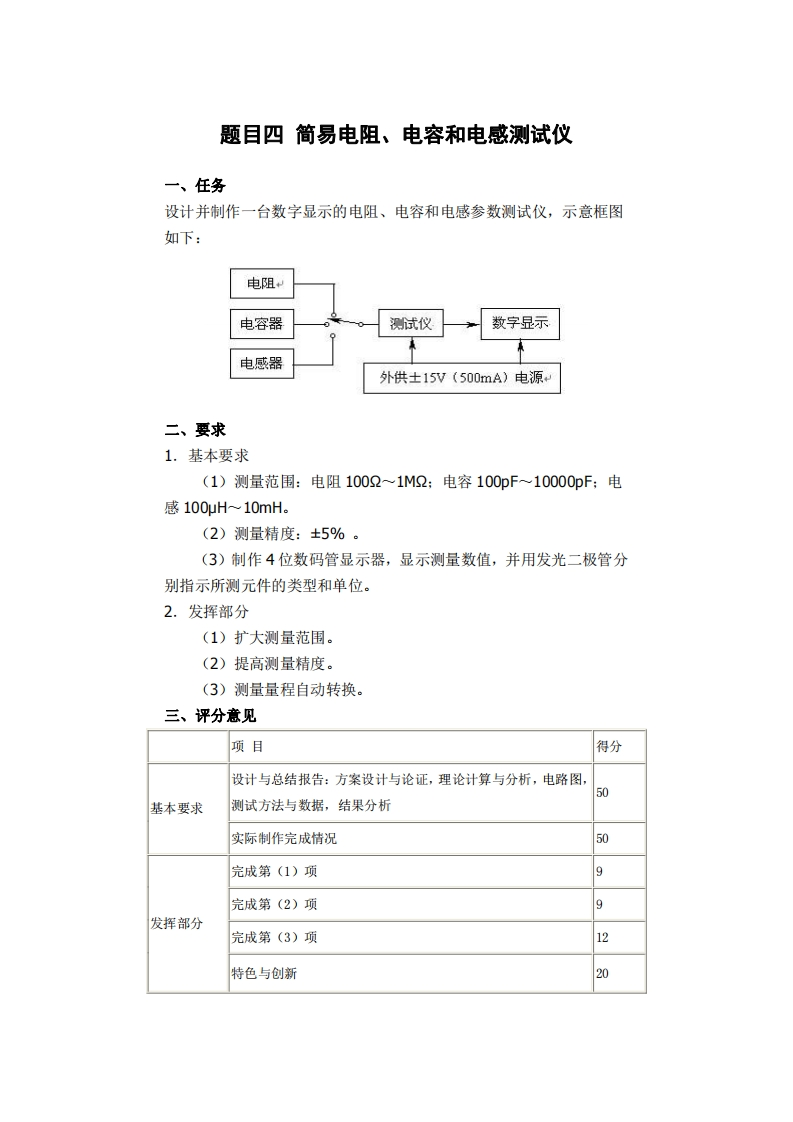 全国大学生电子设计比赛试题_简易电阻_电容和电感测试仪