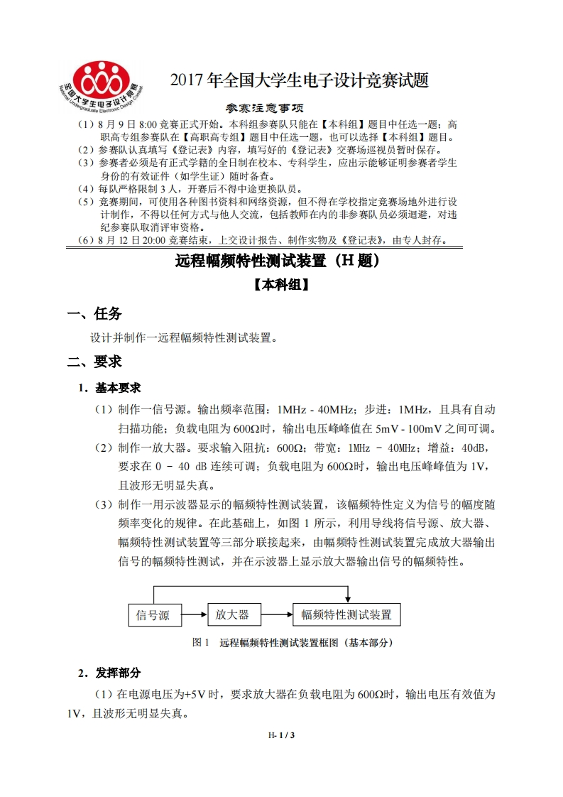 全国大学生电子设计比赛试题_远程幅频特性测试装置