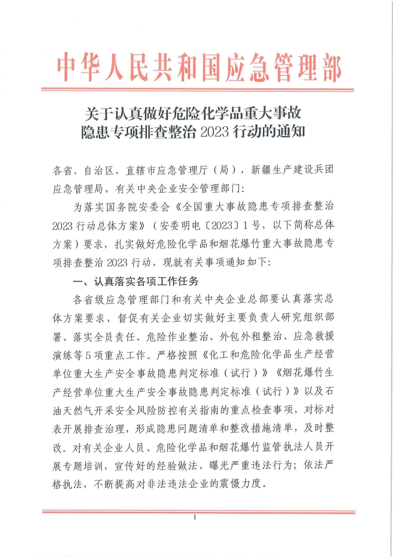 关于认真做好危险化学品重大事故隐患专项排查整治2023行动的通知