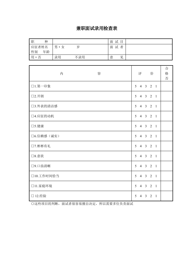 兼职面试录用检查表