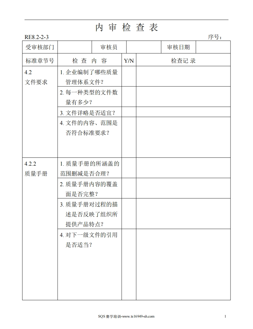 内审检查表ISO