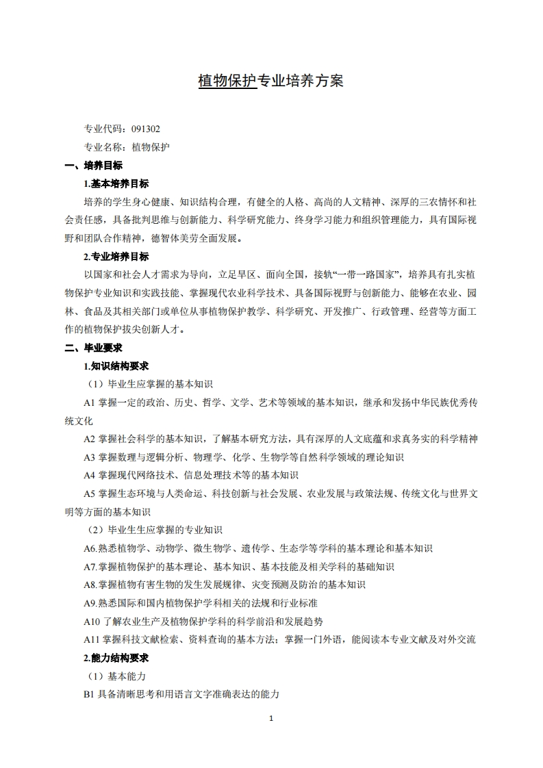 农业植保专业培养计划