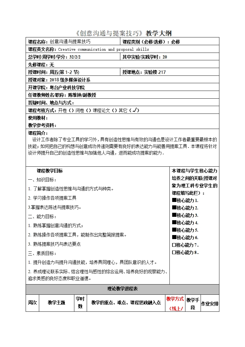 创意沟通与提案技巧教学大纲程名称_创意沟通与提案技巧课程类别(必修_选修)_必修