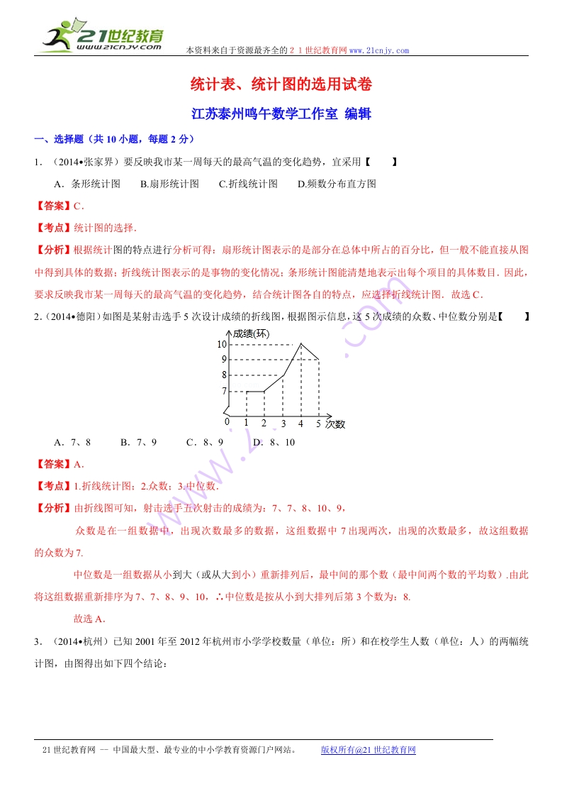 初中数学人教版初二下册第7章数据的收集、整理、描述7.2统计表、统计图的选用试卷解析