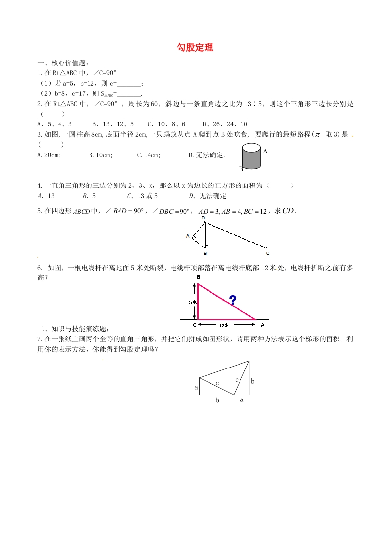 初二数学上册3.1勾股定理（第1课时）每日一练
