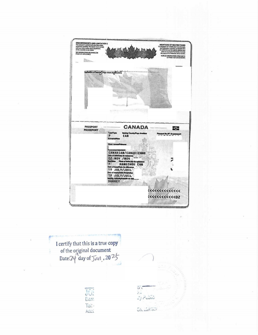加拿大护照复印件TRUE-COPY公证件-用于美国申报个人收入税PTIN-样本