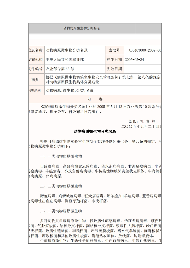 动物病原微生物分类名录_农业部——2005