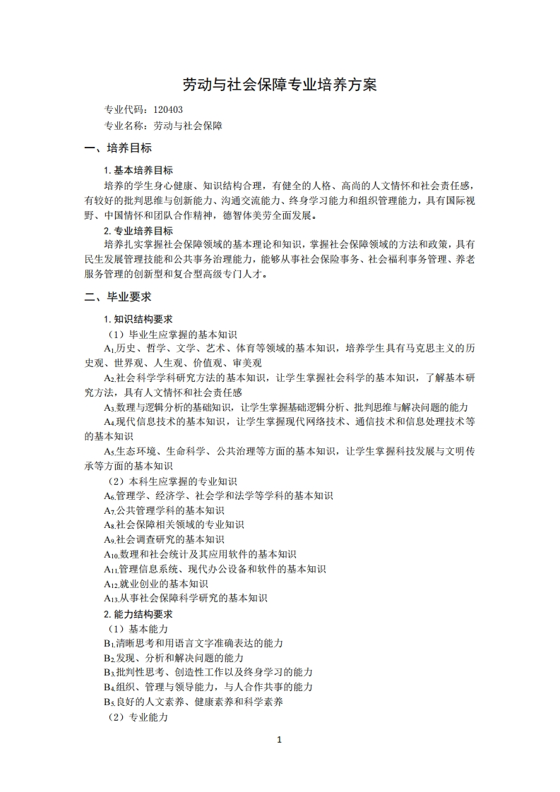 劳作与社会保证专业培育规划专业编号1204033