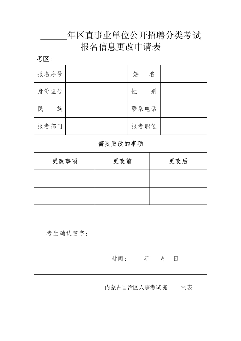 区直事业单位公开招聘分类考试报名信息更改申请表