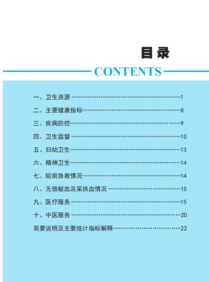 卫生资源-主要健康指标-三、疾病防控-四、卫生监督-五、妇幼卫生-E-六、精神卫生-七、-院前急救情况·-八、无偿献血及采供血情况-九、医疗服务