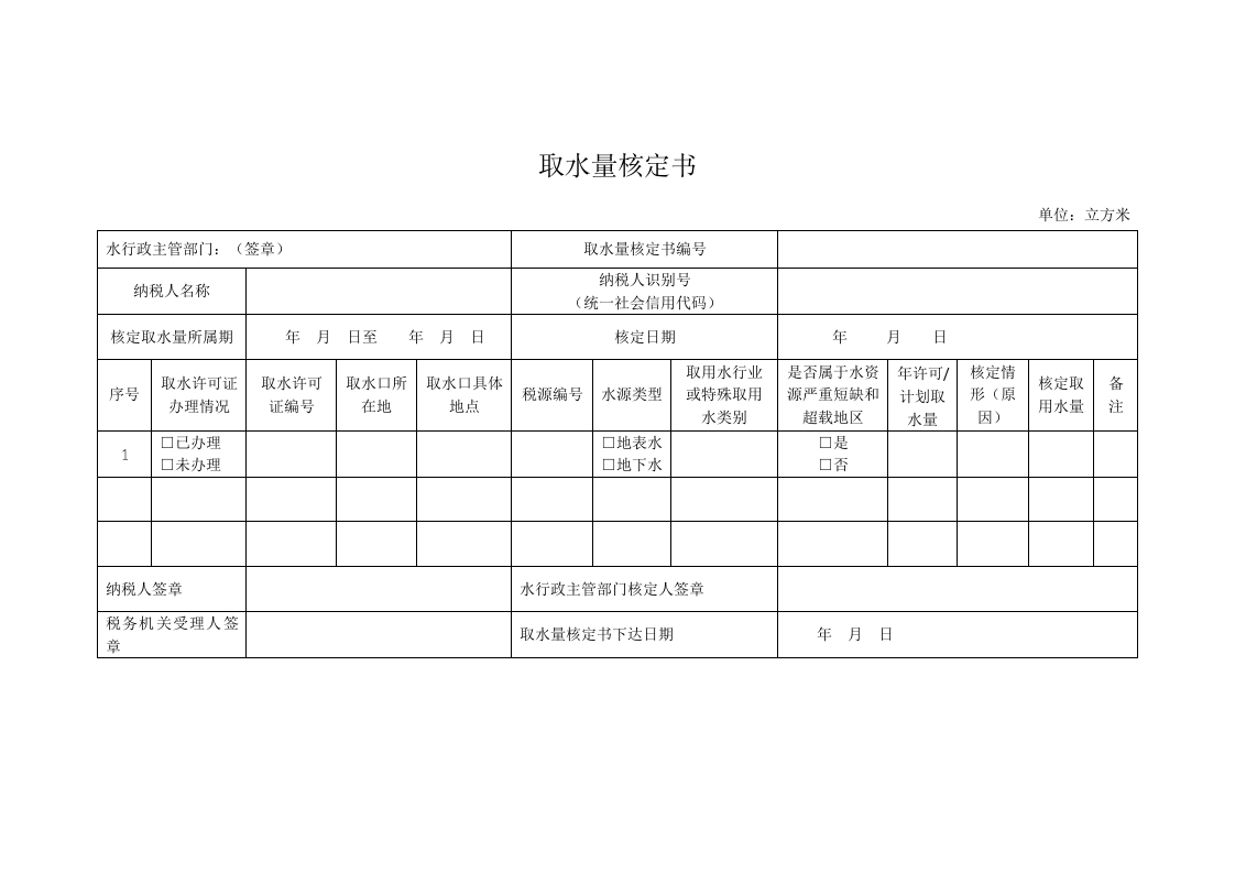 取水量核定书