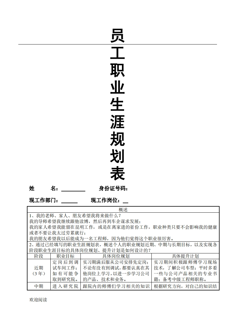 员工职业生涯规划表格模板