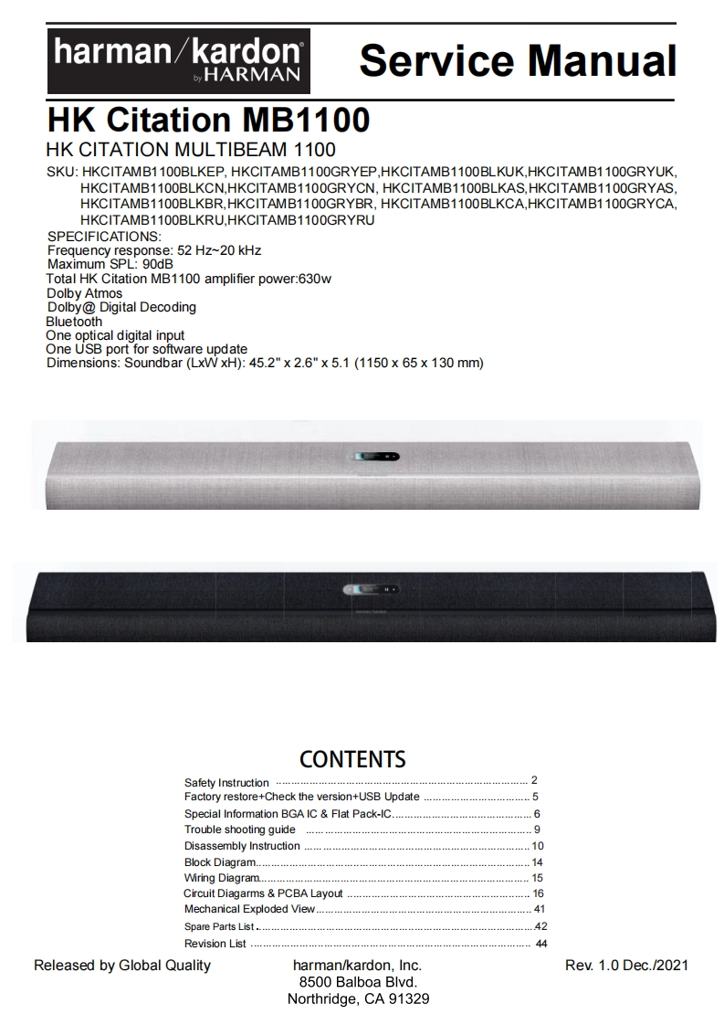 哈曼卡顿Harman-Kardon回音壁-Citation-Multibeam-1100---Service-Manual-v1.0维修手册含电器原理图