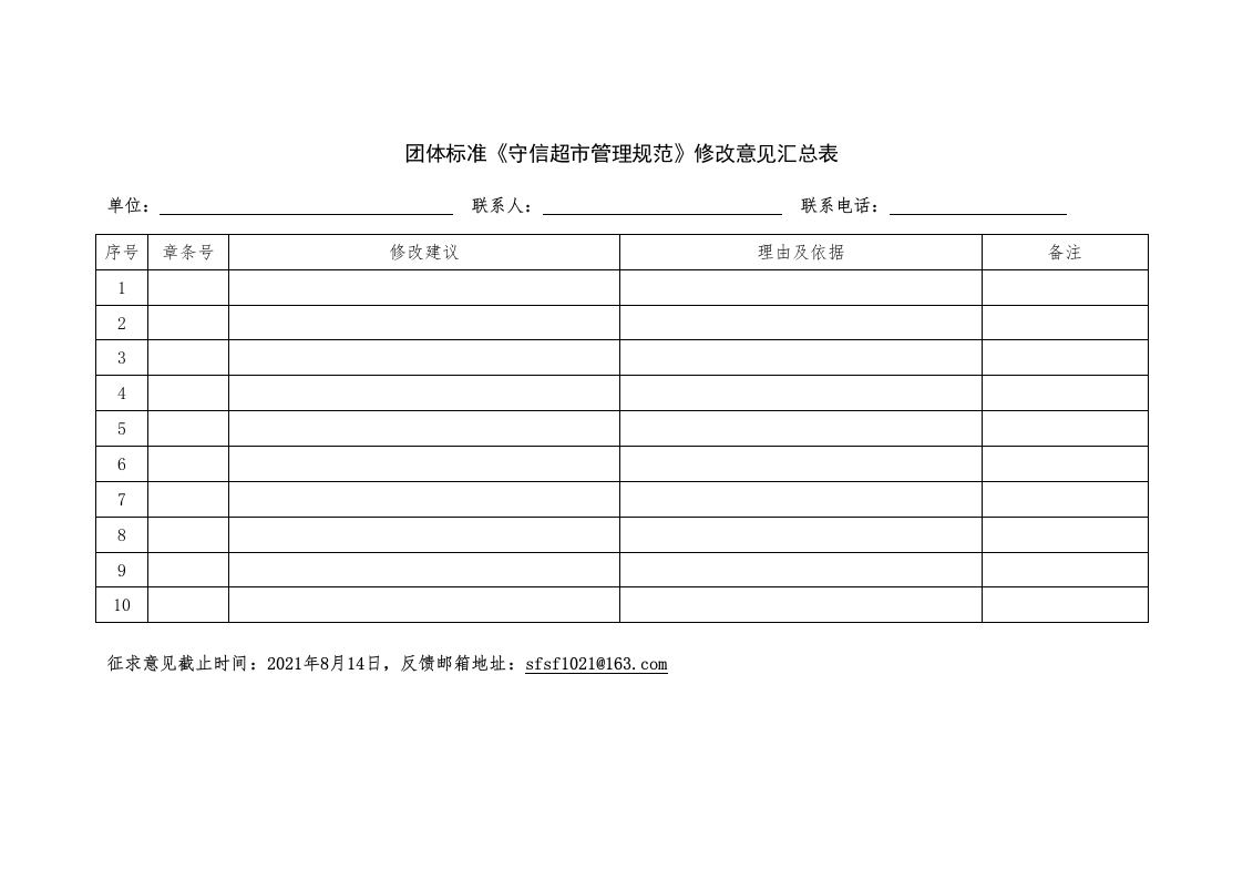 团体标准《守信超市管理规范》修改意见汇总表