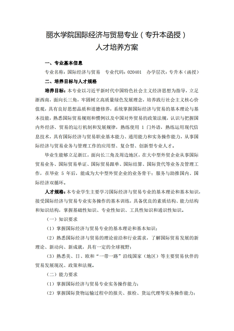 国际经济与贸易专业（专升本函授）人才培养大纲